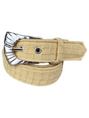 Vintage Light Yellow Textured Fabric Belt Silver Buckle | Fits 30"-33" Waists